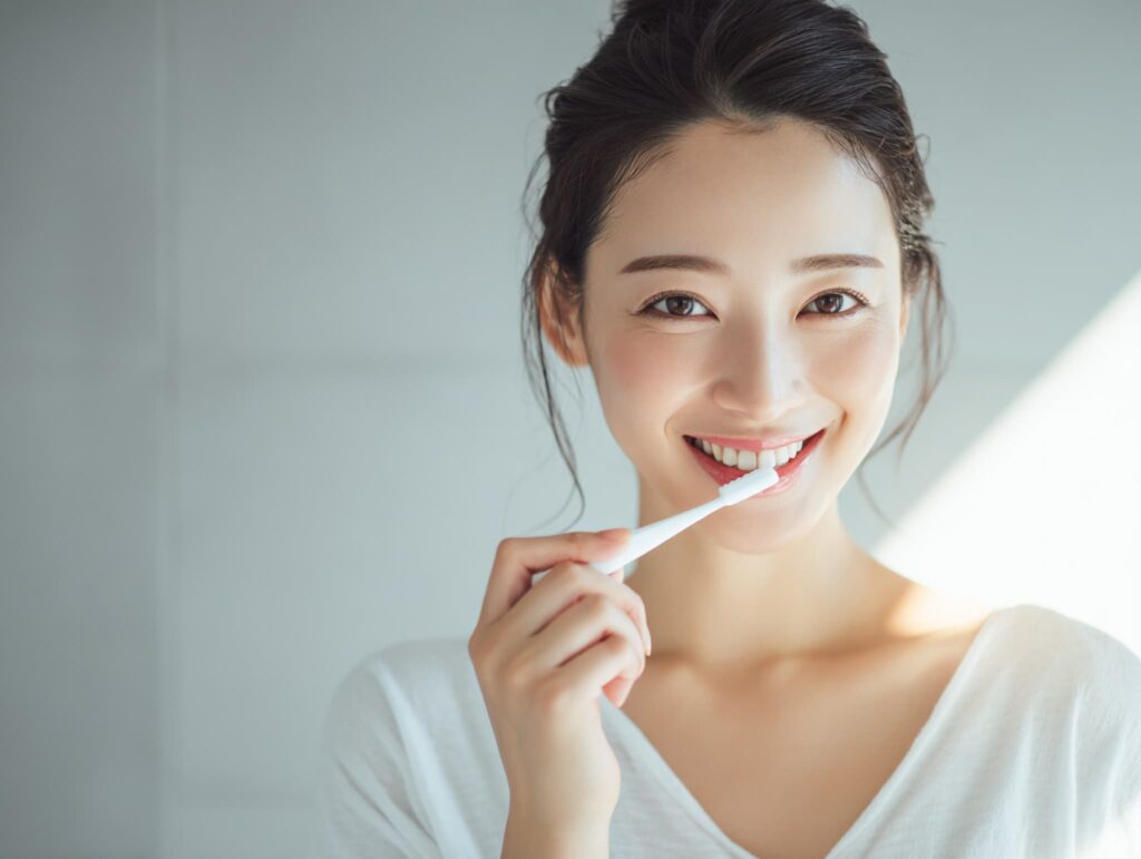 ホワイトニングの効果を長持ちさせるために丁寧に歯磨きをする女性