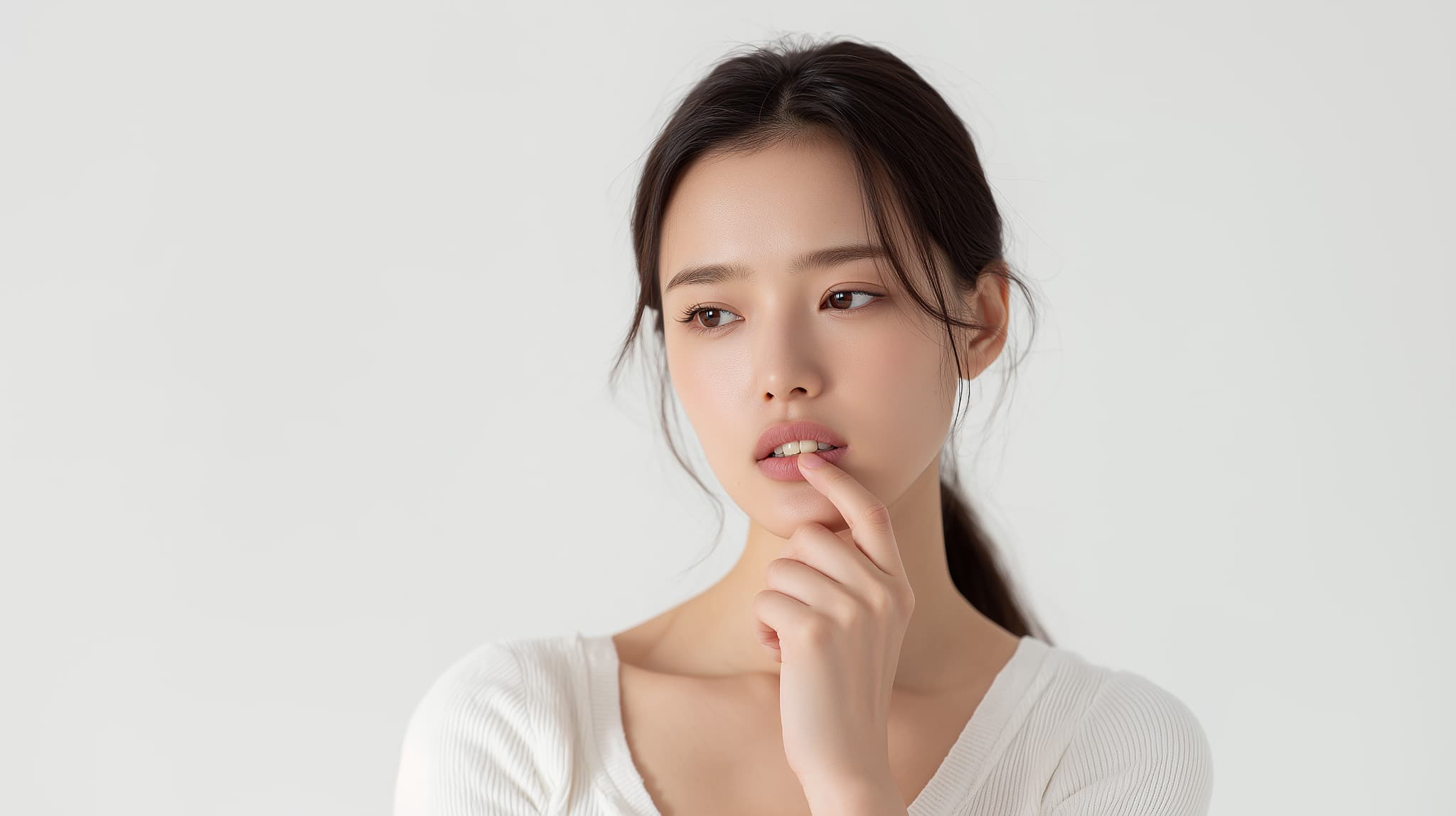 前歯が一本だけ出ている状態はマウスピース矯正で治せるのか考える女性