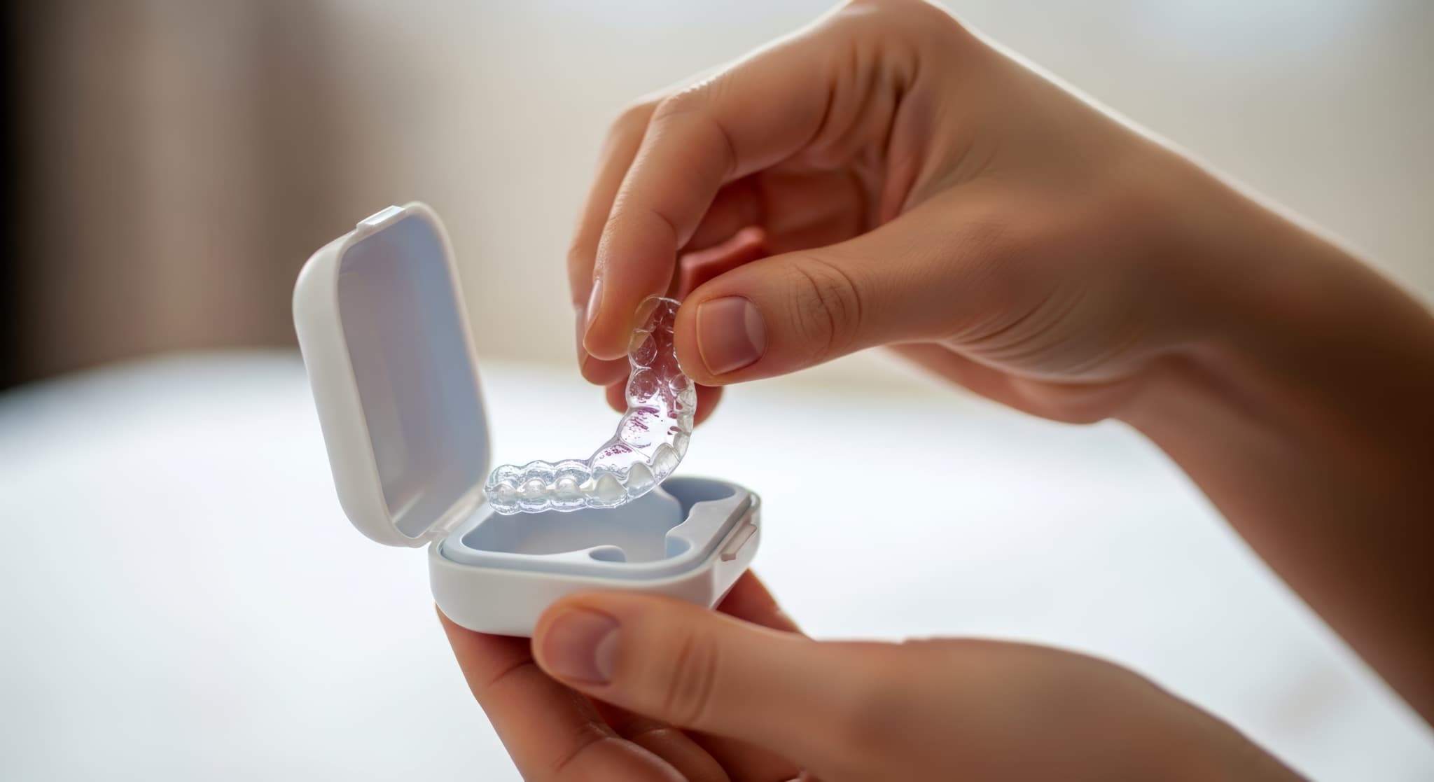 マウスピースを専用のケースで保管する様子