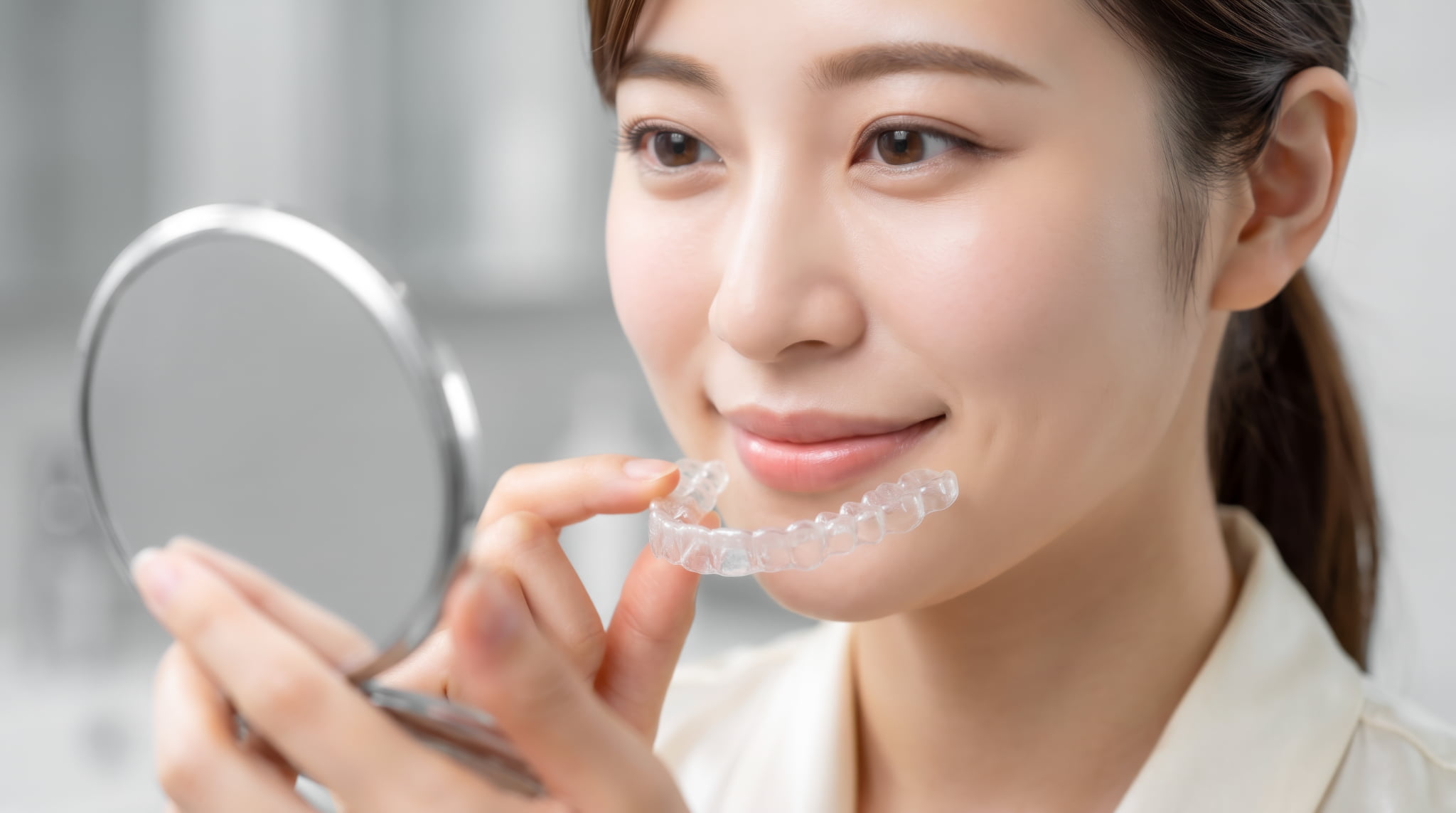 マウスピースで歯の矯正をしている女性
